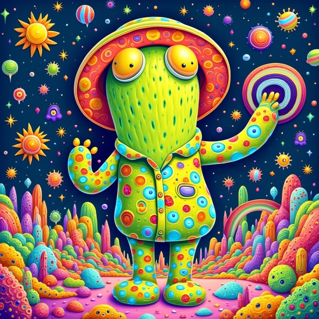 Joyful Alien Pickles in Flannel Pajamas, Whimsical Illustrat...