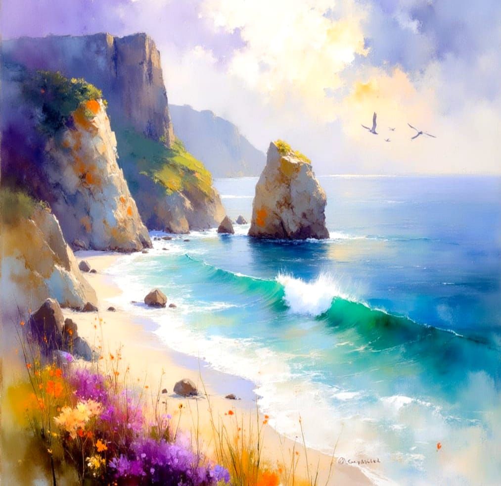 Impressionist Cliffs, Arch, and Bay in Watercolour Style