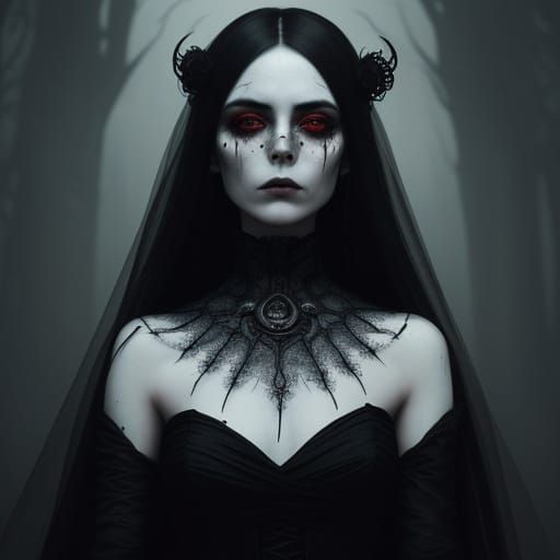 Crimson tears streak down alabaster skin in this haunting Go...