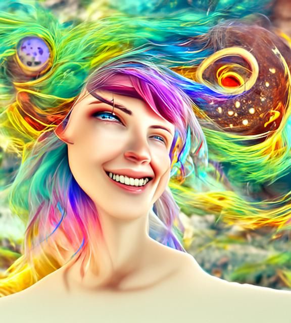 Dreamy Portrait with Rainbow Hair, Renaissance Style