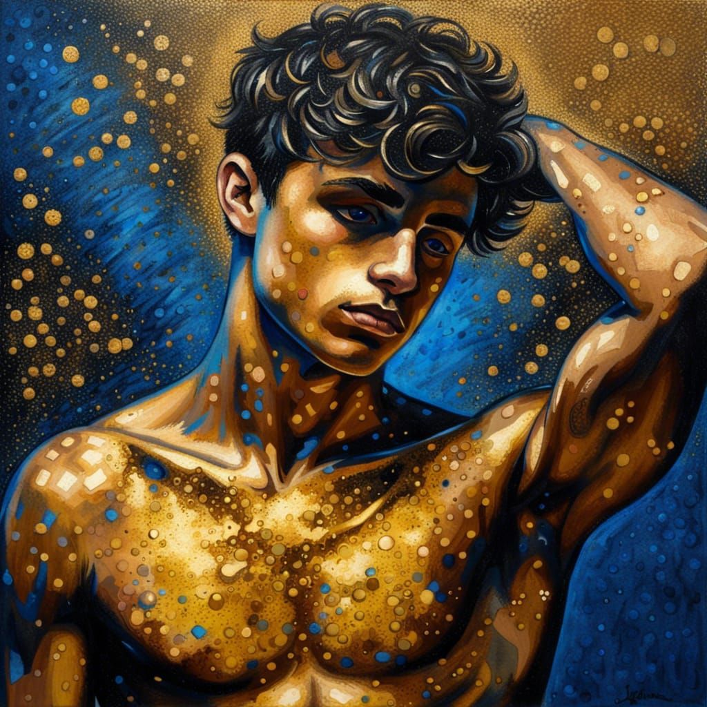 Pointillist Painting of a Man Taking Off Shirt