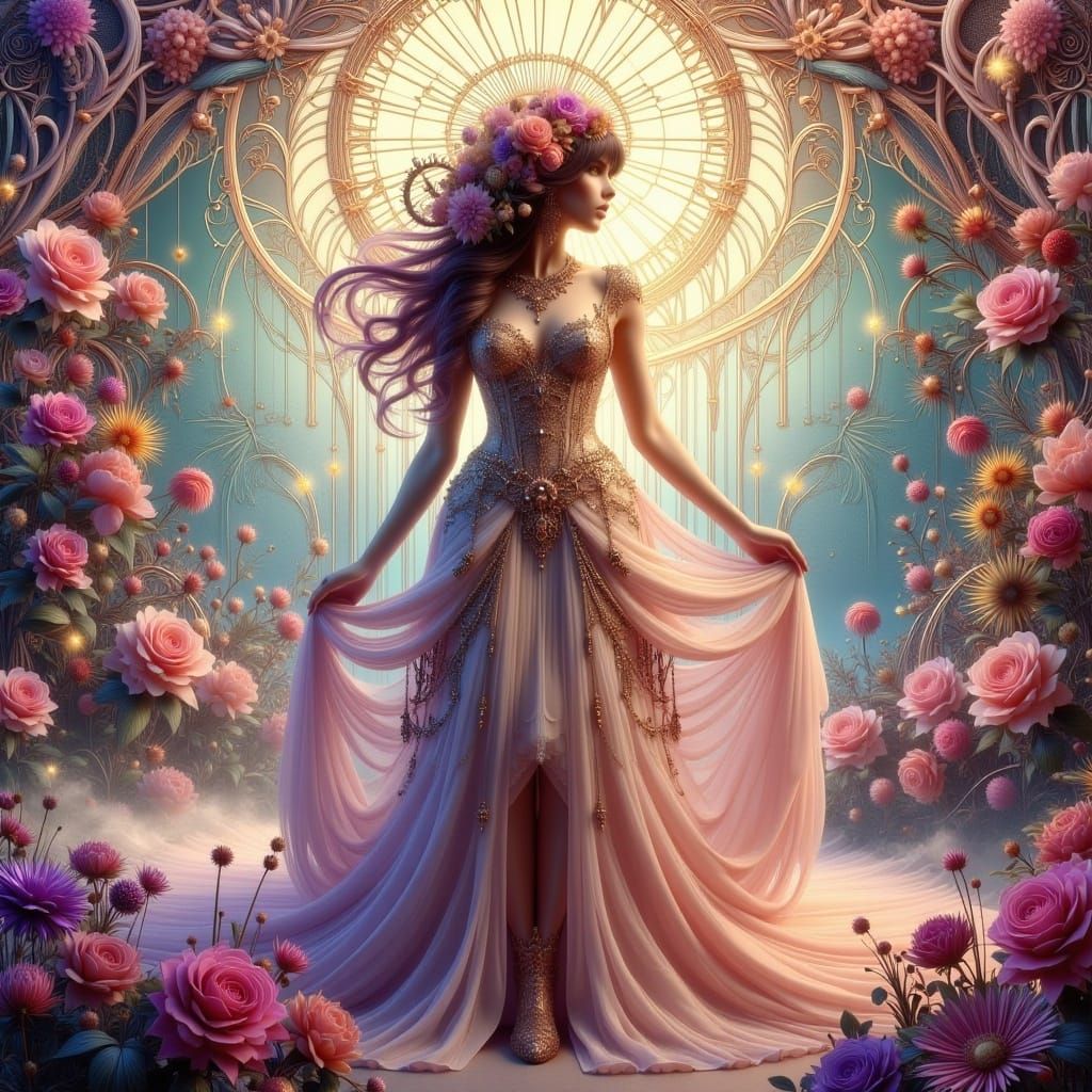 Art Nouveau Woman in Dreamlike Fantasy Realm