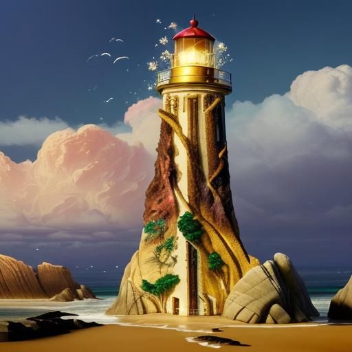 Golden Lighthouse at Sea in Art Deco Style