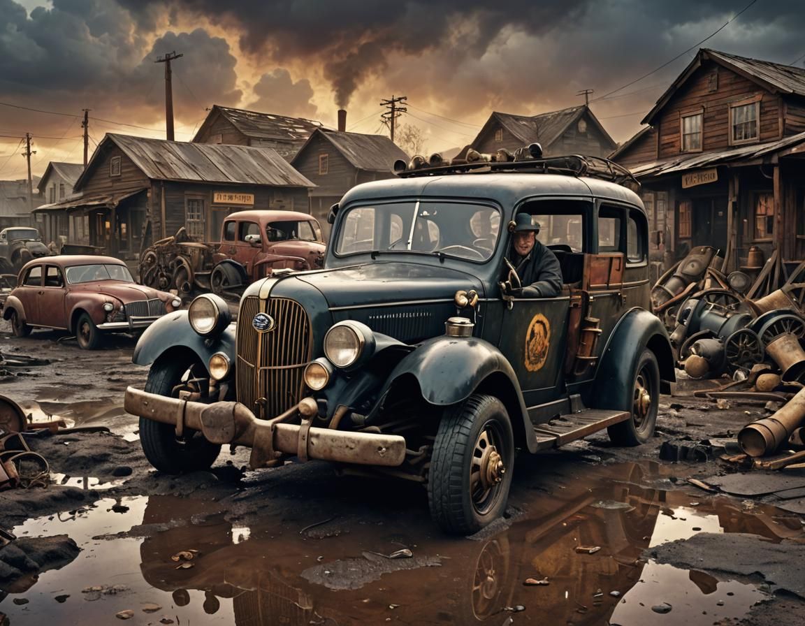 Dieselpunk 1940s: Grim Scene with Ford Sedan