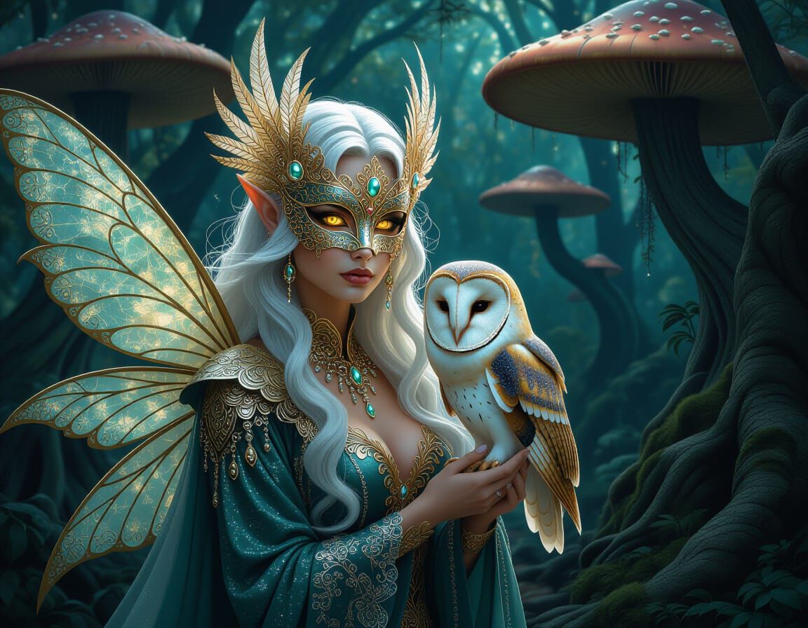 Fairy Queen with Owl in Dark Fantasy Forest