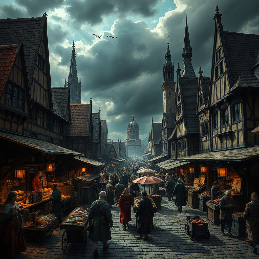 Medieval Marketplace Under Darkened Skies