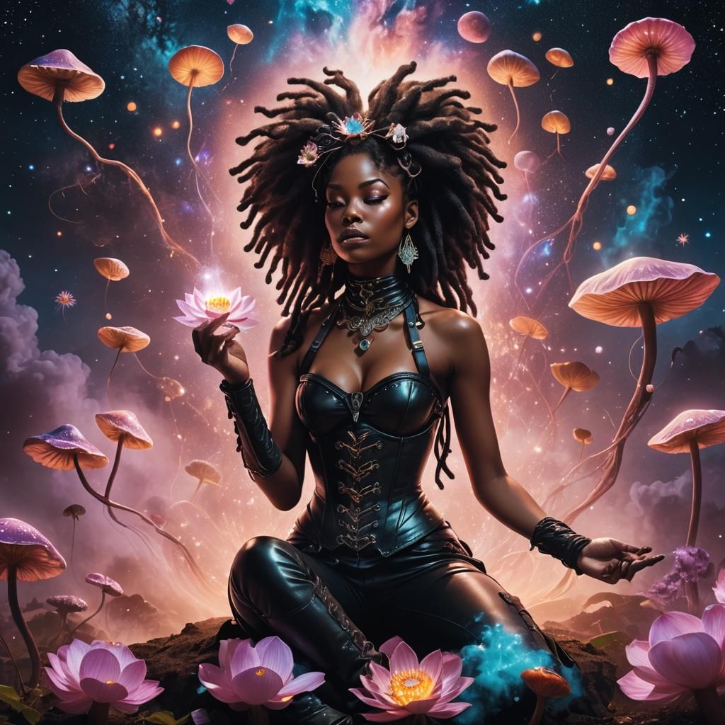 Cosmic Afrofuturist Goddess Meditating with Lotus Flower
