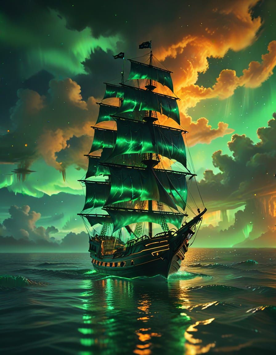 Neon Pirate Ship Concept Art in Cyberpunk Style