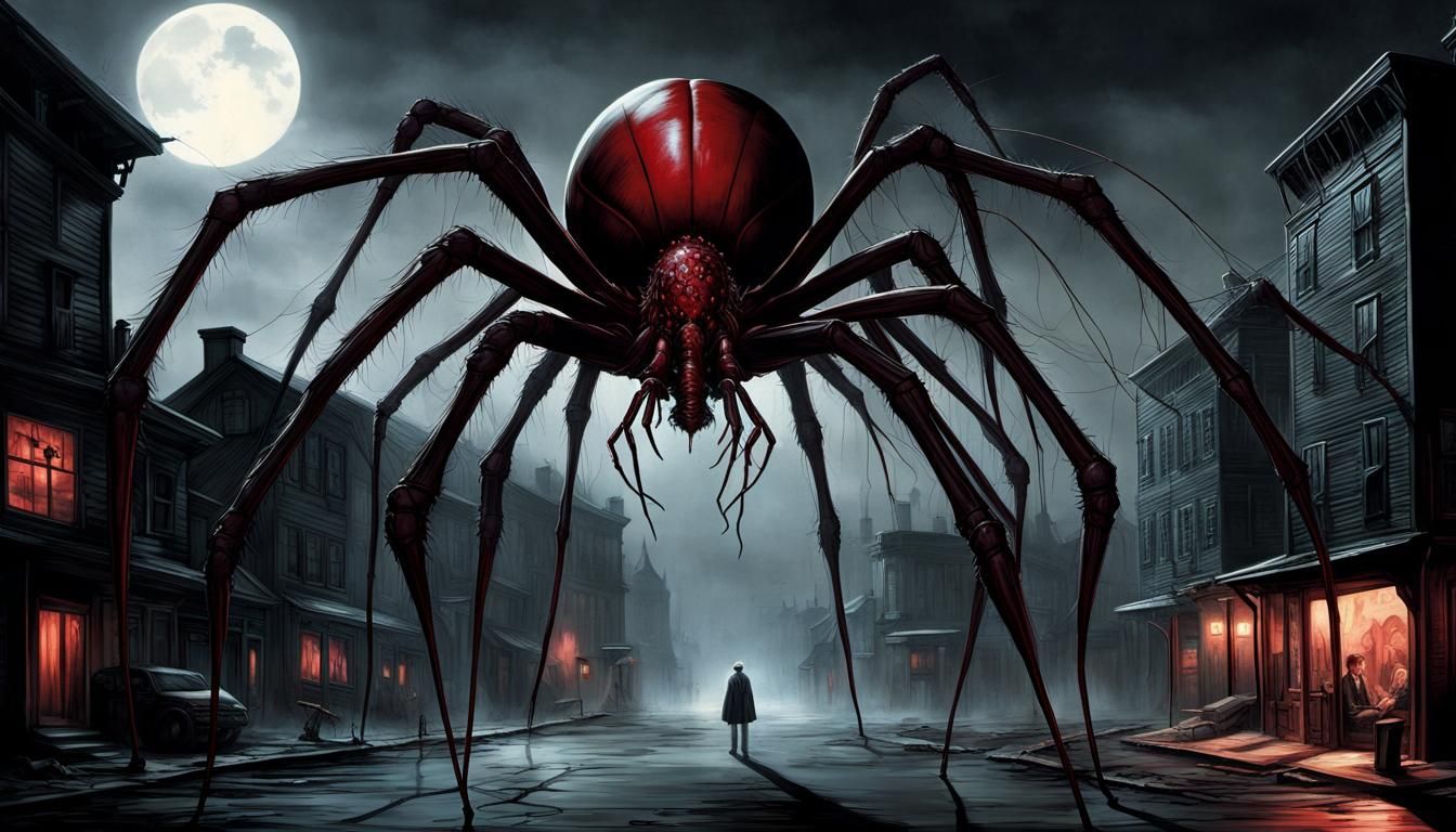 Crimson Biomechanoid Spider Looms Over Town