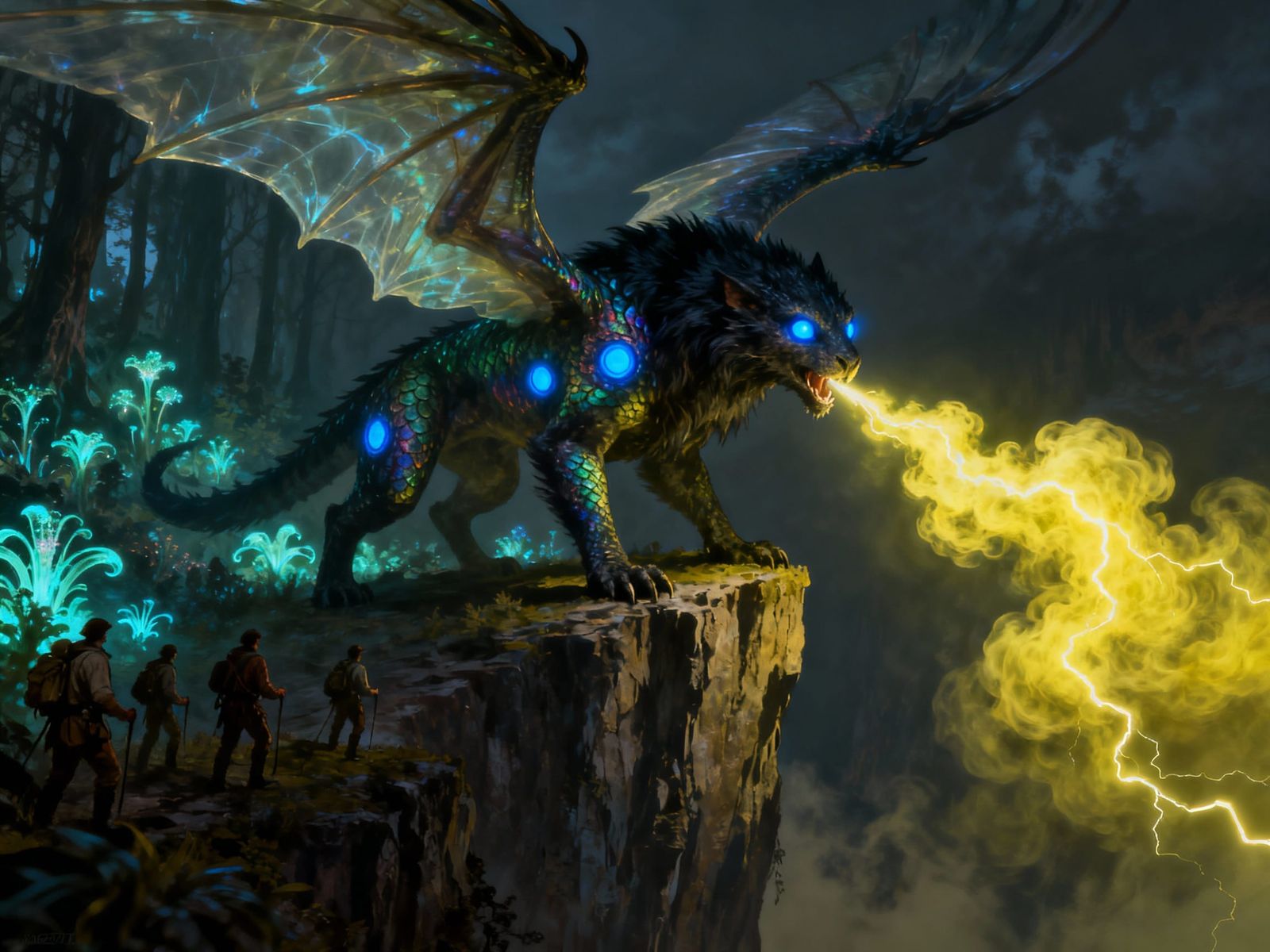 Dark Fantasy Guardian Creature on Bioluminescent Forest Clif...