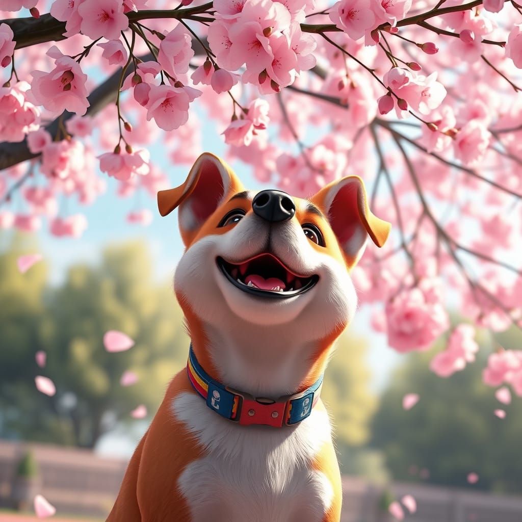 Joyful Anime-Inspired Dog Under Cherry Blossoms