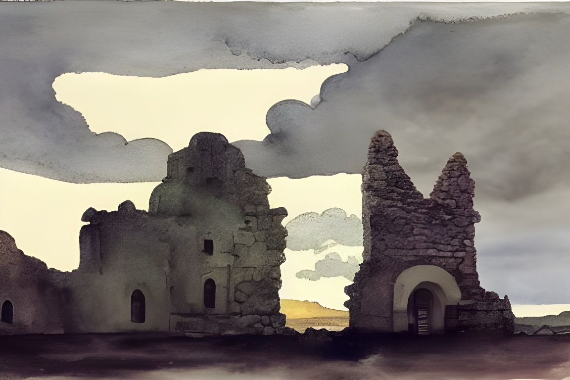 Ancient Cathedral Ruins in Watercolor Style