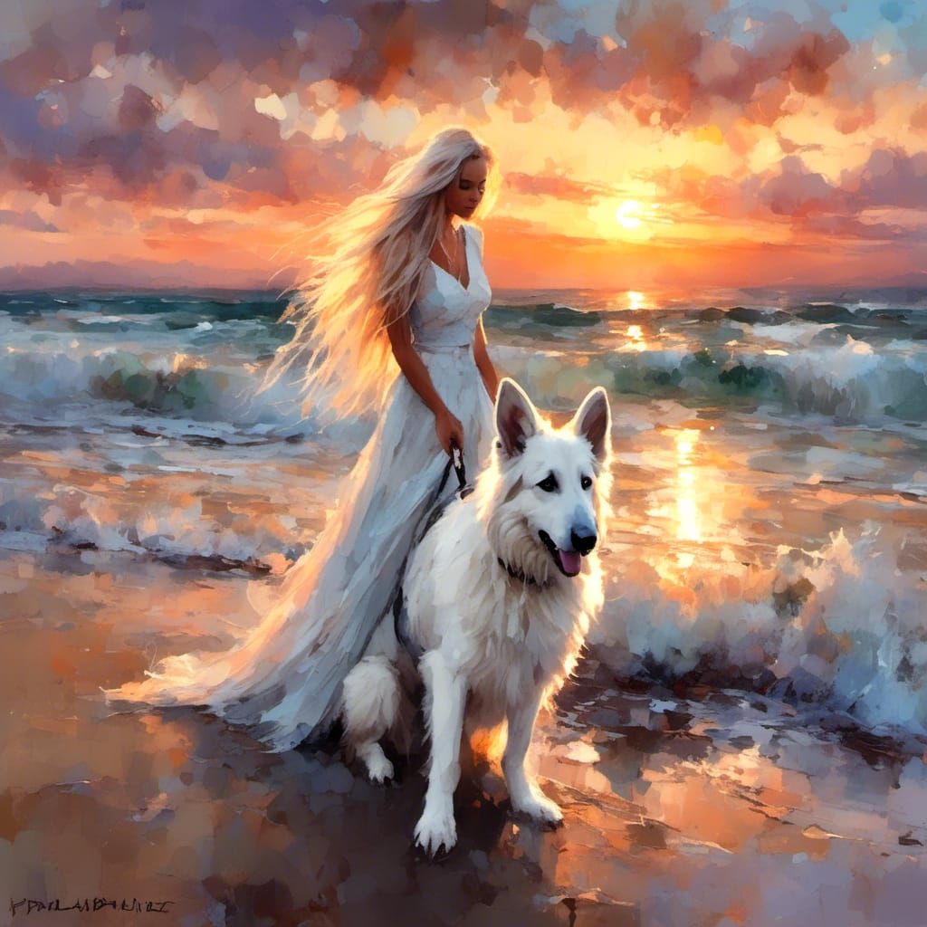 Impasto German Shepherd and Woman at Sunset
