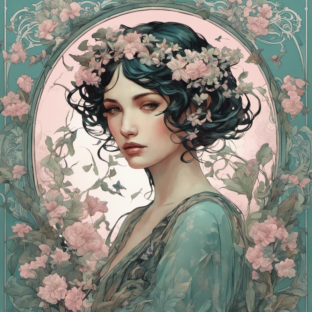 Art Nouveau Woman with Jasmine and Butterflies
