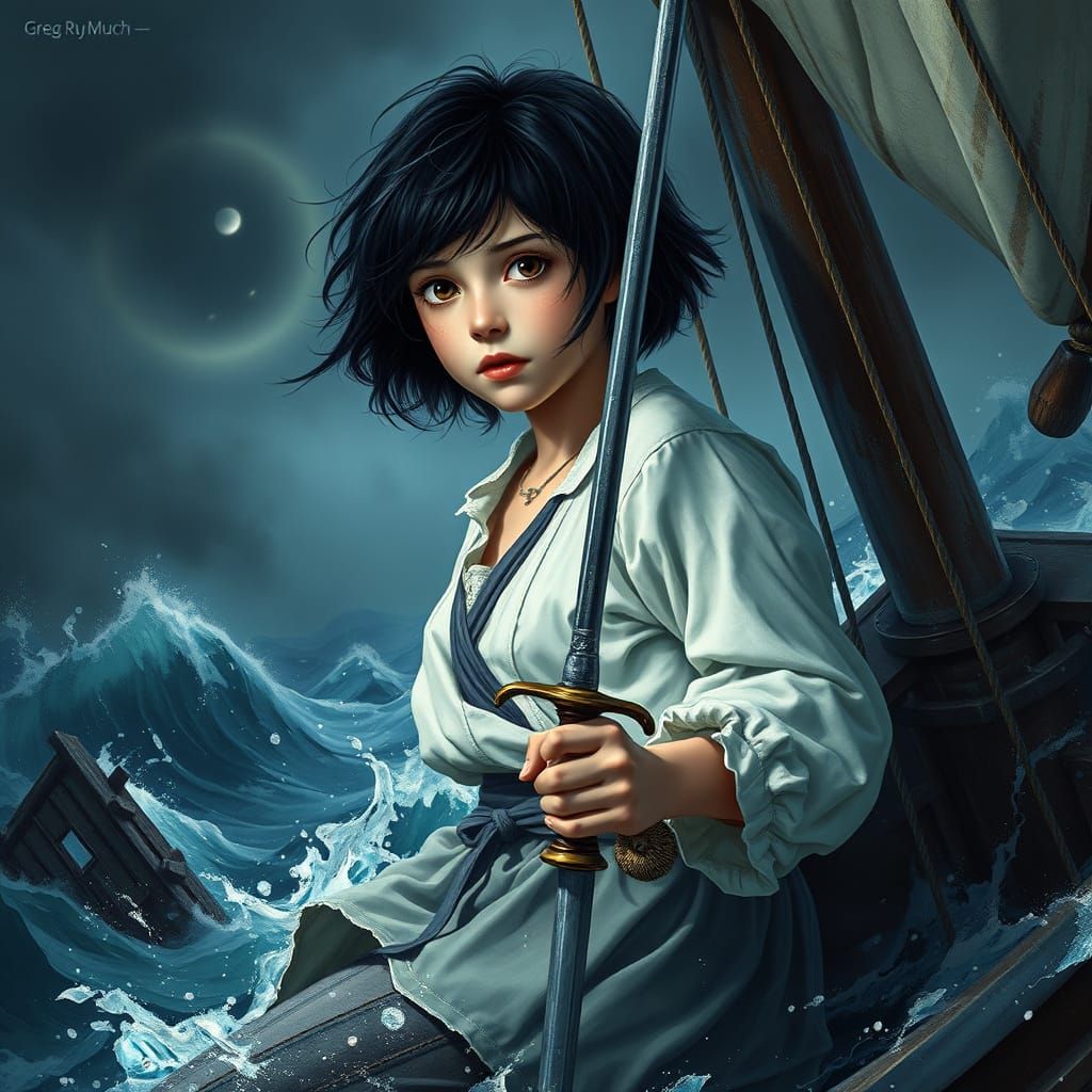 Young Warrior Maiden in Stormy Seas