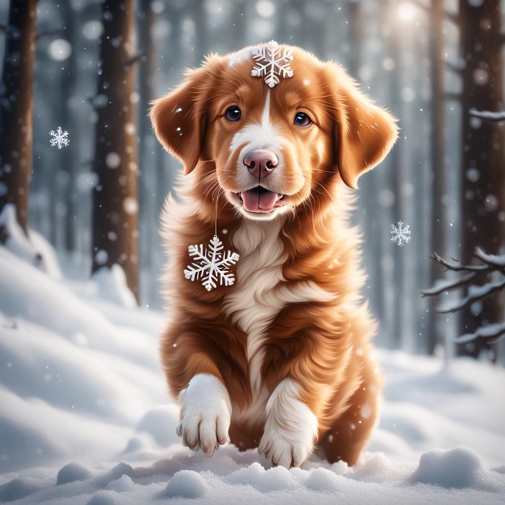 Christmas Puppy with Snowflake, Realistic Matte Painting
