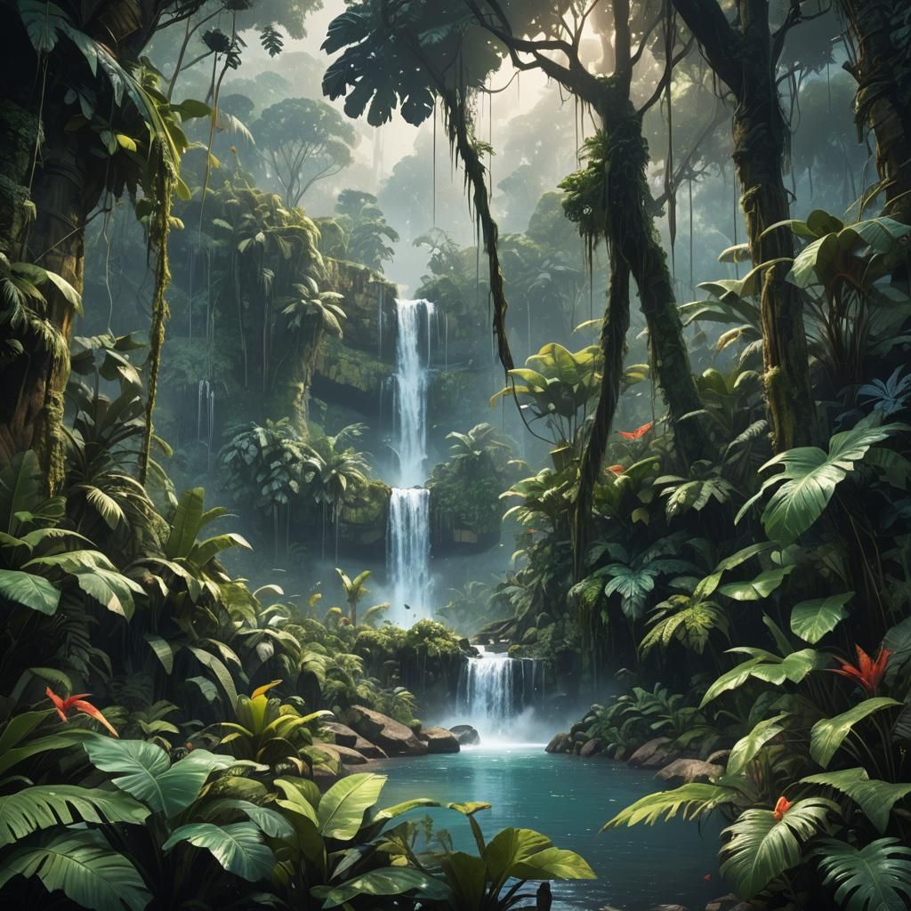 Lush Rainforest Waterfall with Exotic Wildlife