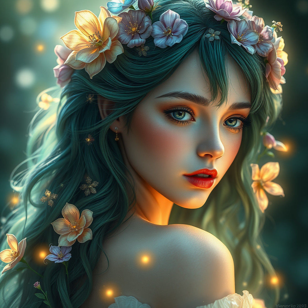 Enchanting Fantasy Flower Girl Portrait in Art Nouveau Style
