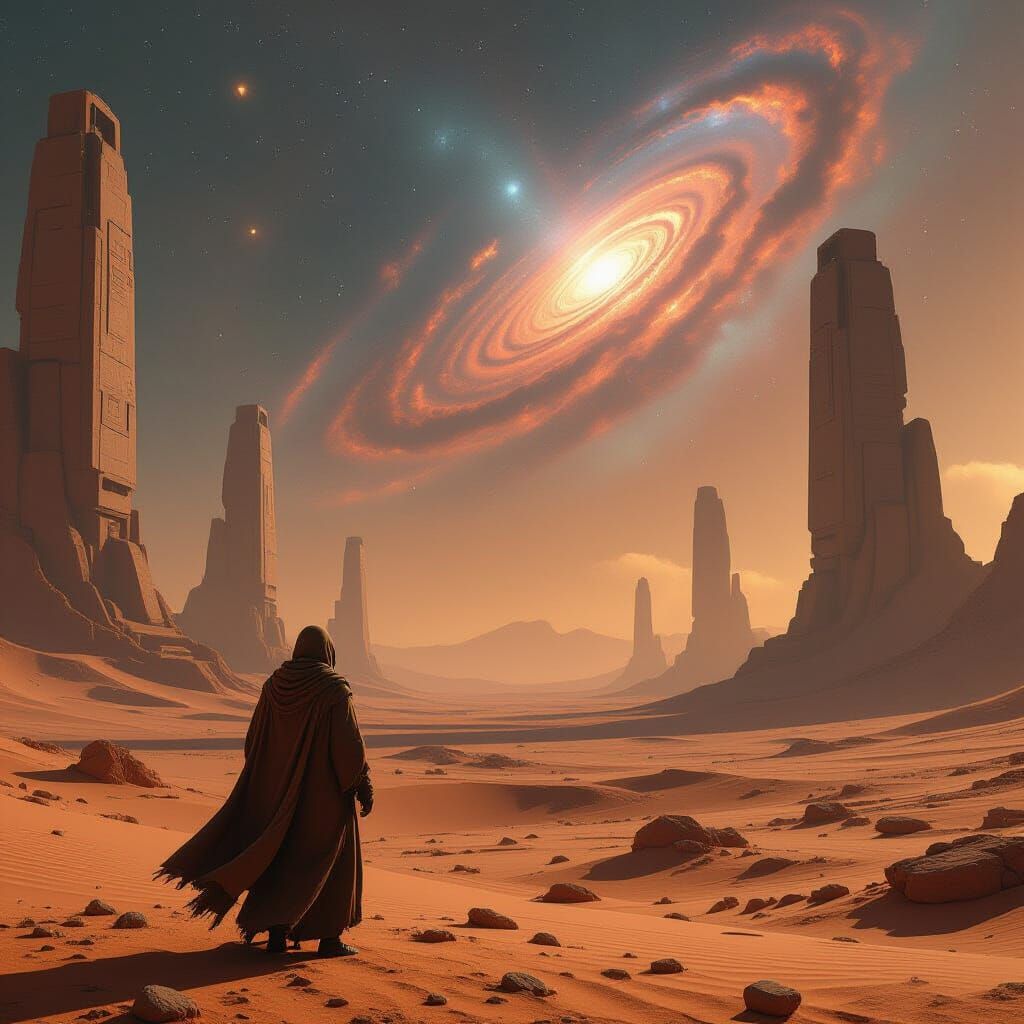 Wanderer in Alien Desert Biomechanical Landscape Concept Art