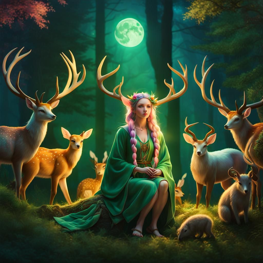 Dreamy Fey-Girl Under the Moonlit Forest