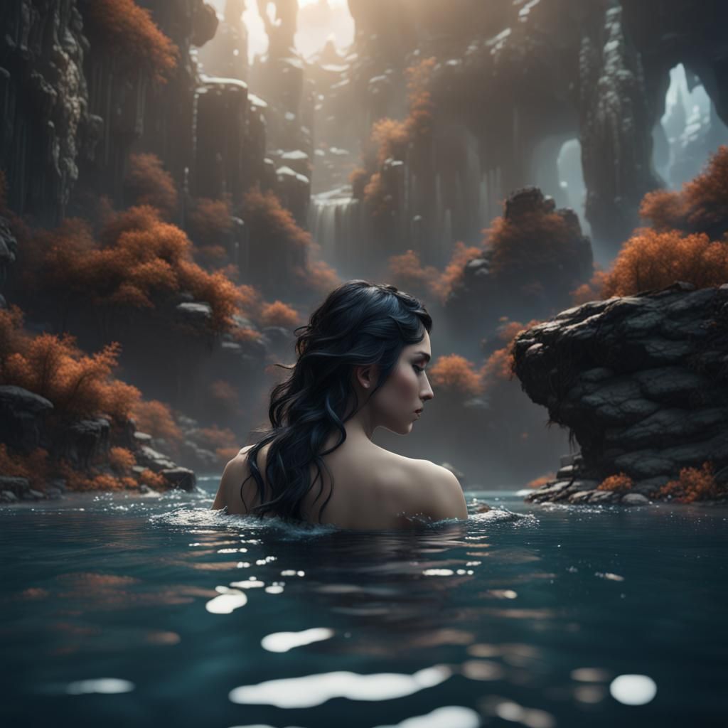 Person with Black Hair in Water: Matte Painting