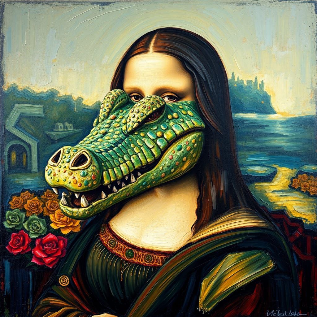 Mona Lisa Crocodile in Expressionist Oil Paint