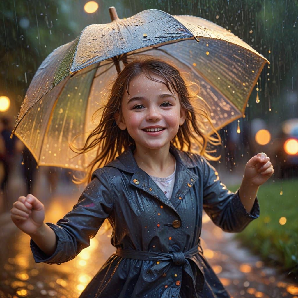 Whimsical Little Girl Dancing in the Rain, in Impressionist ...