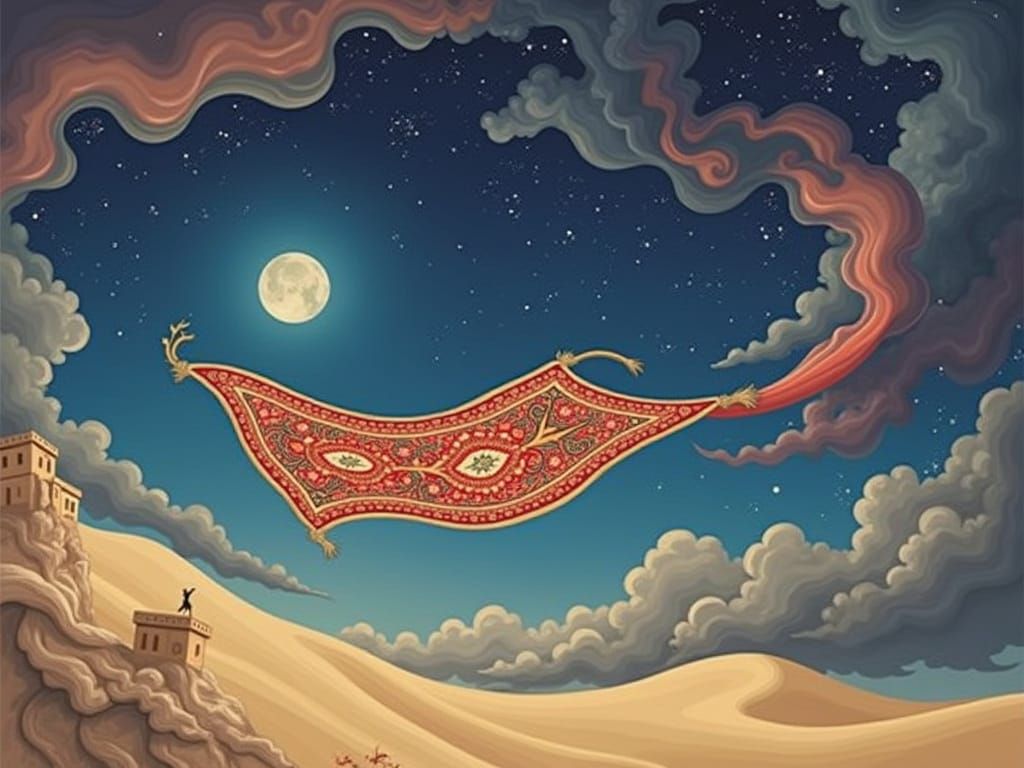 Mythical Flying Carpet Soars Over Moonlit Desert