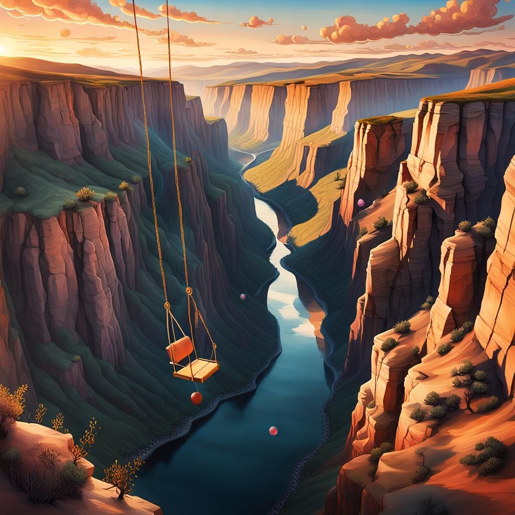 Dreamlike Swing Above Canyon at Sunset