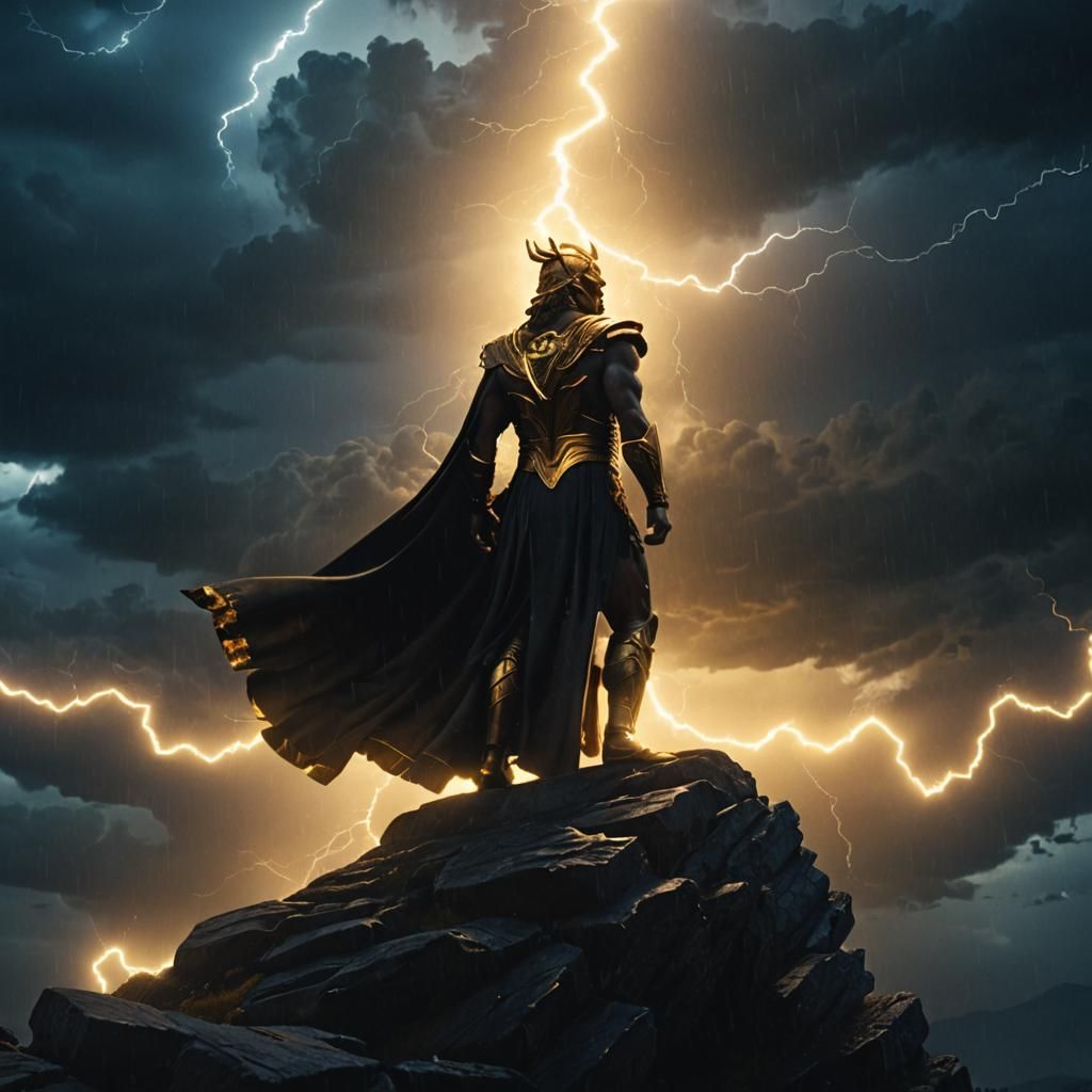 Godlike Figure with Golden Typography in Film Noir Style