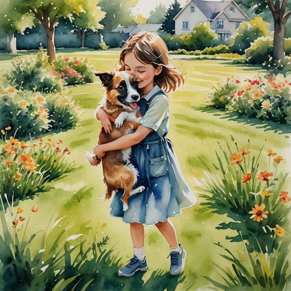 Girl and Dog Hug in Watercolor Style