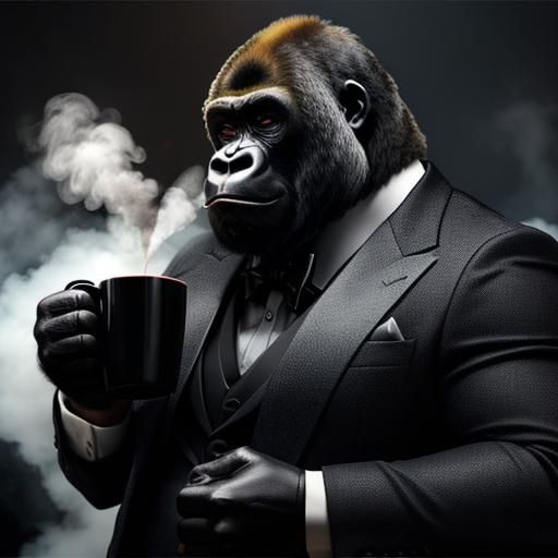 Harambe the Gorilla in Tuxedo with Coffee
