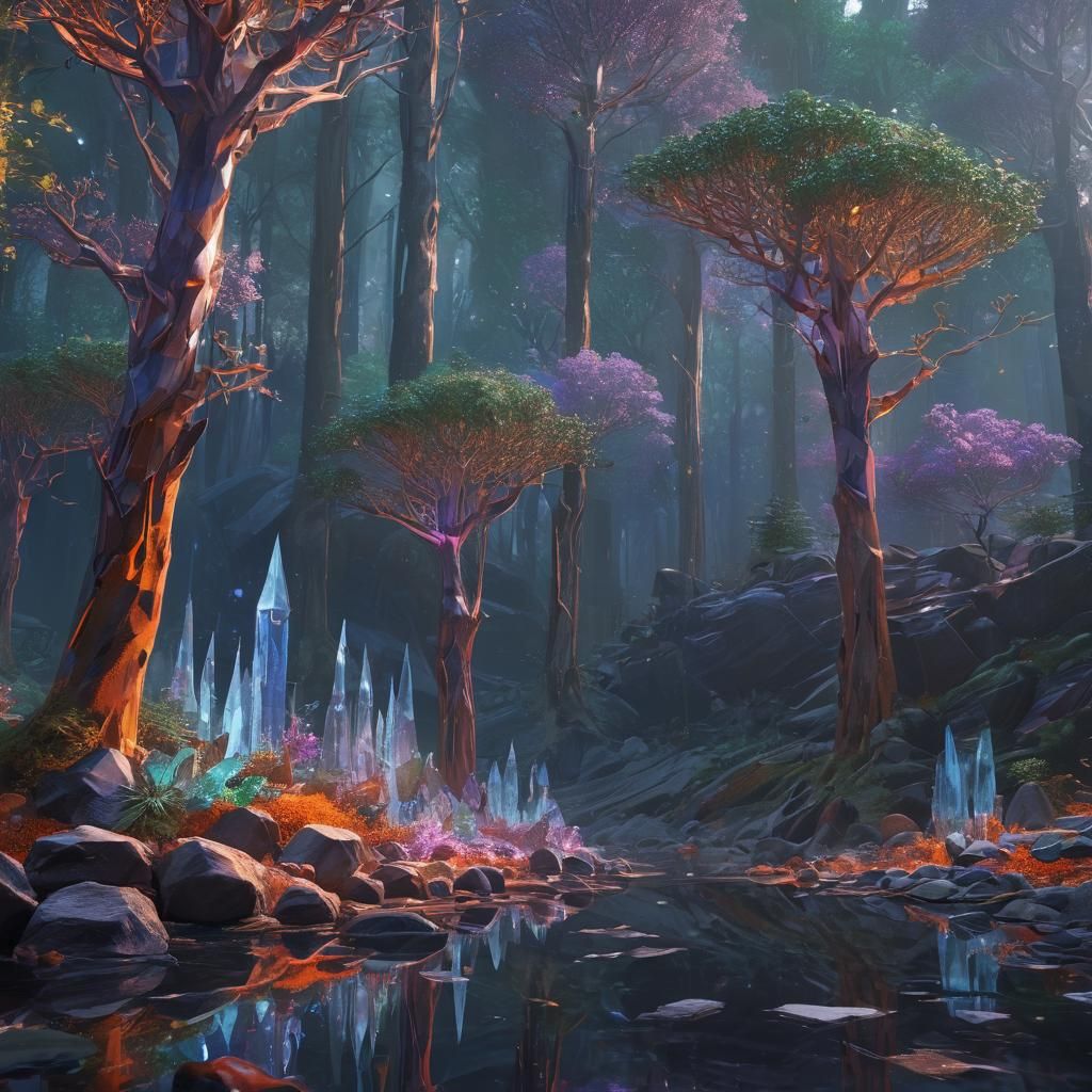 Surreal Crystal Forest with Iridescent Reflections