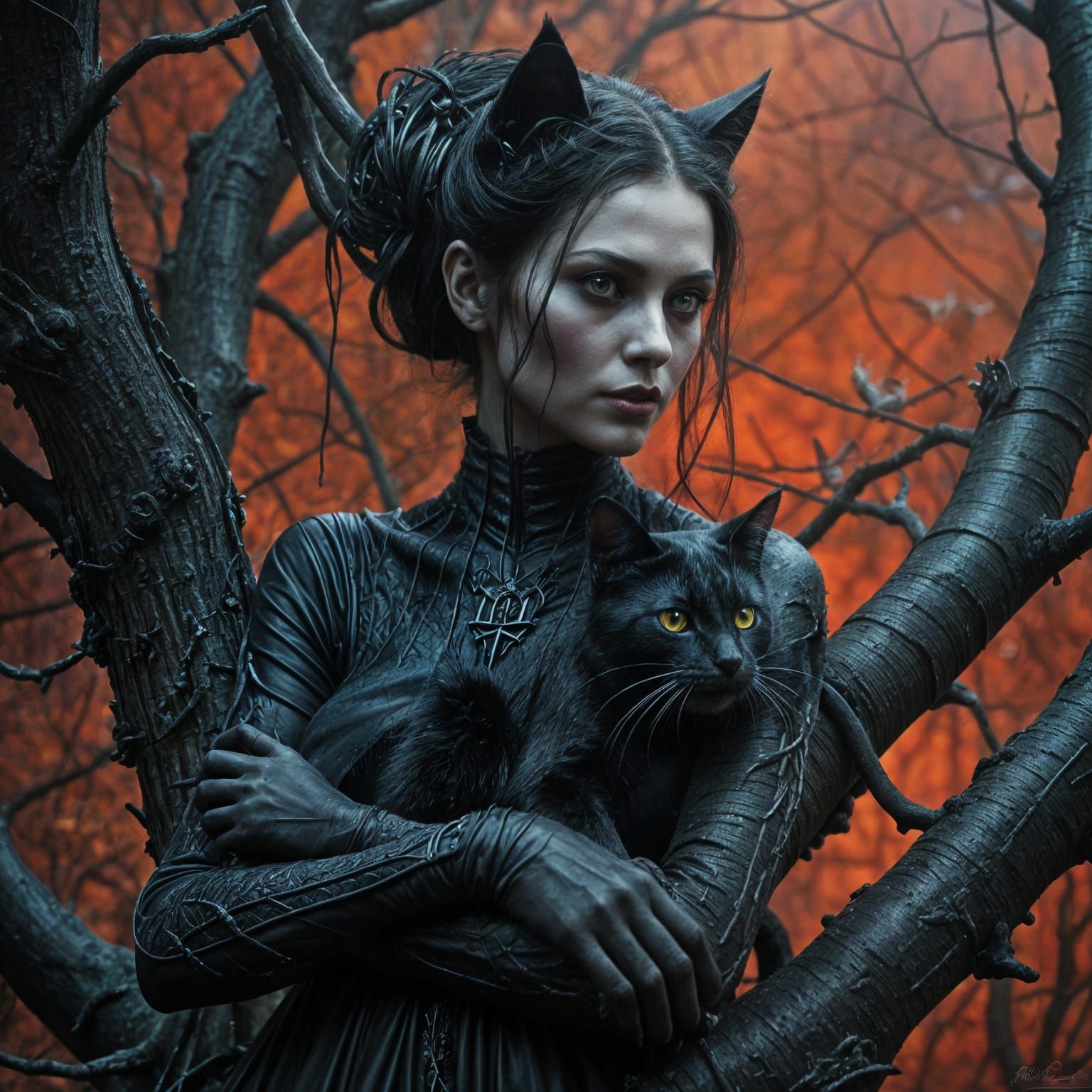 Gothic Fantasy Dark Art of a Maiden and Her Feline Companion