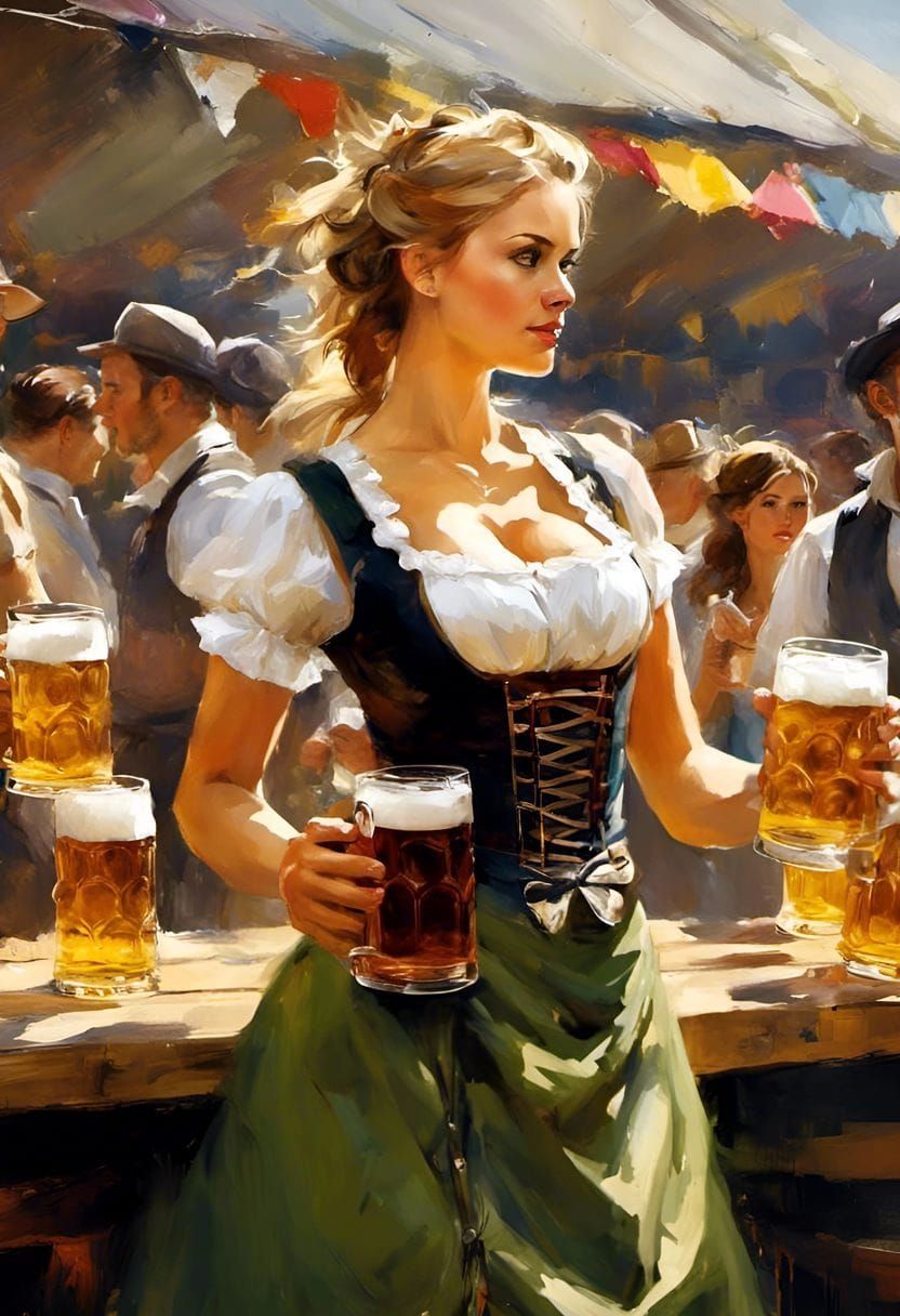 Oktoberfest Waitress with Beer Mugs in Oil Painting Style