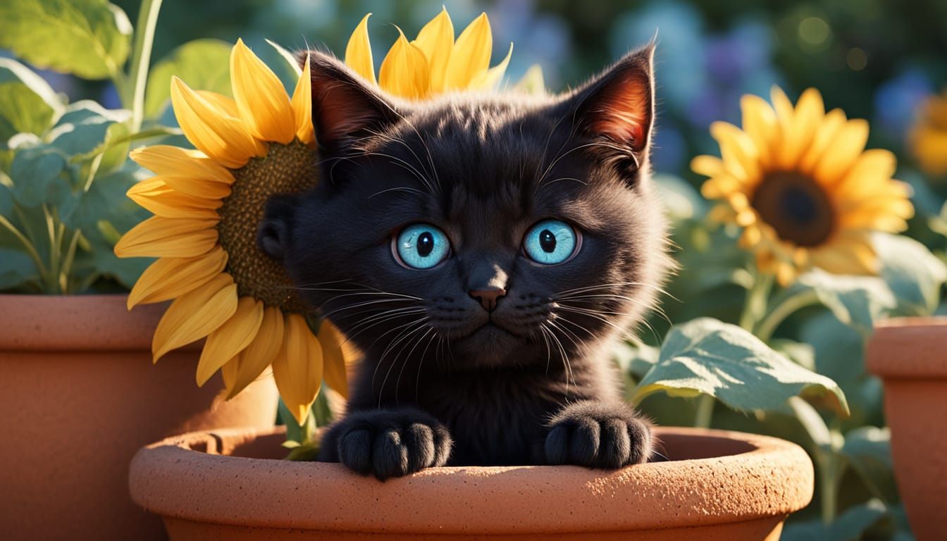 Fluffy Kitten Peeking from Flower Pot in Pixar Style