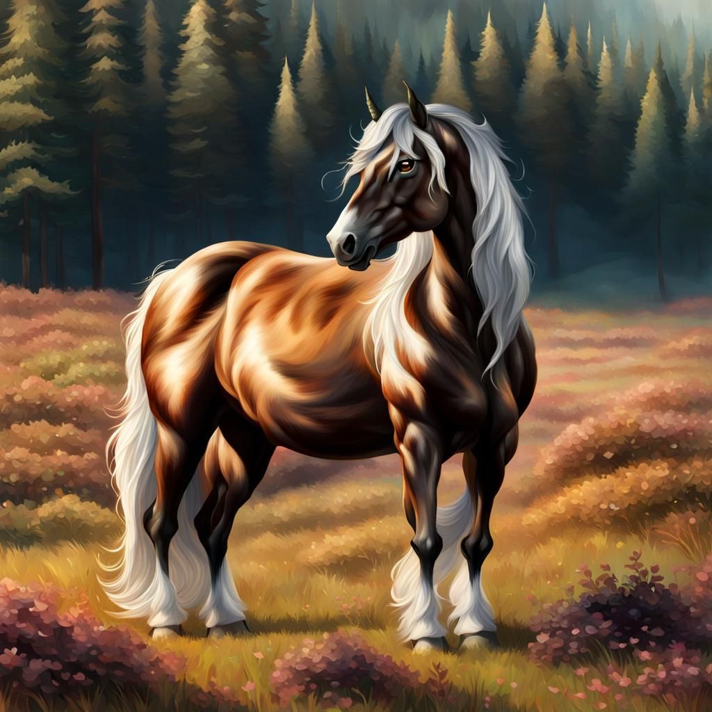 Majestic Brown Unicorn in Meadow, Realistic Rendering