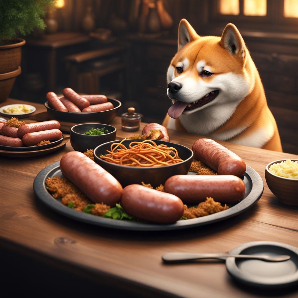 Shiba Inu's Sausage Feast: Detailed Matte Painting