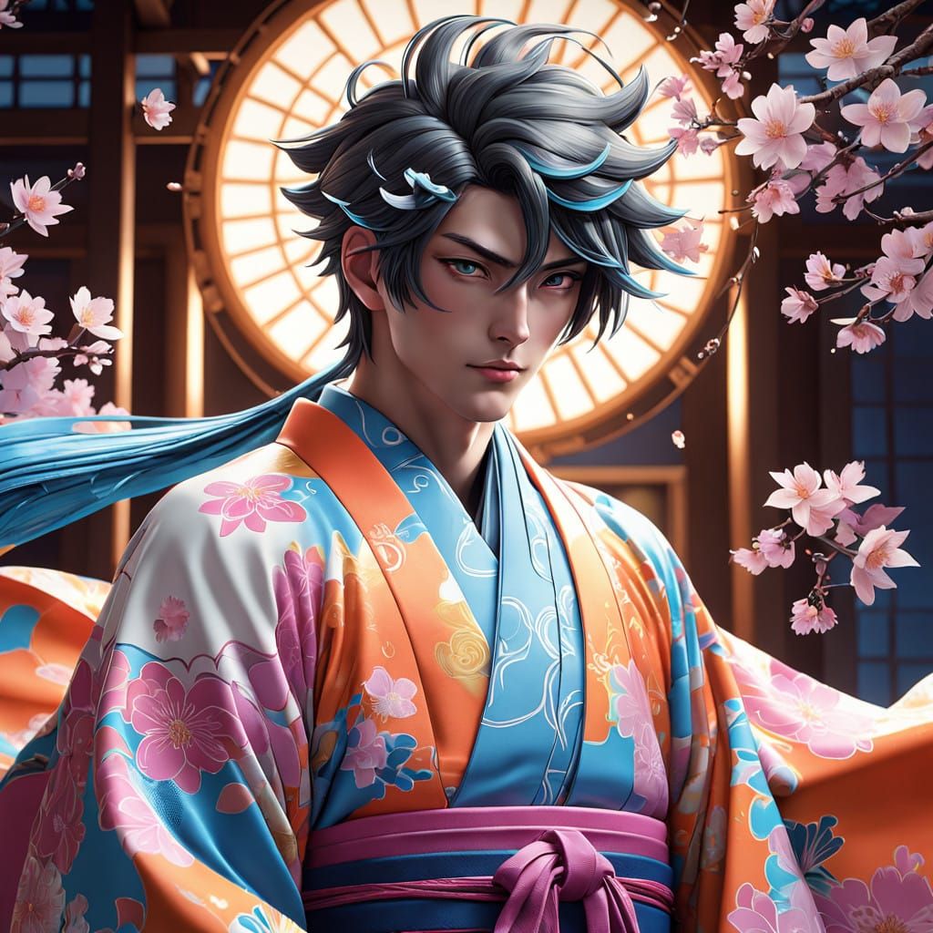 Ethereal Anime Artwork: Whimsical Kimono Scene in Vibrant Tr...