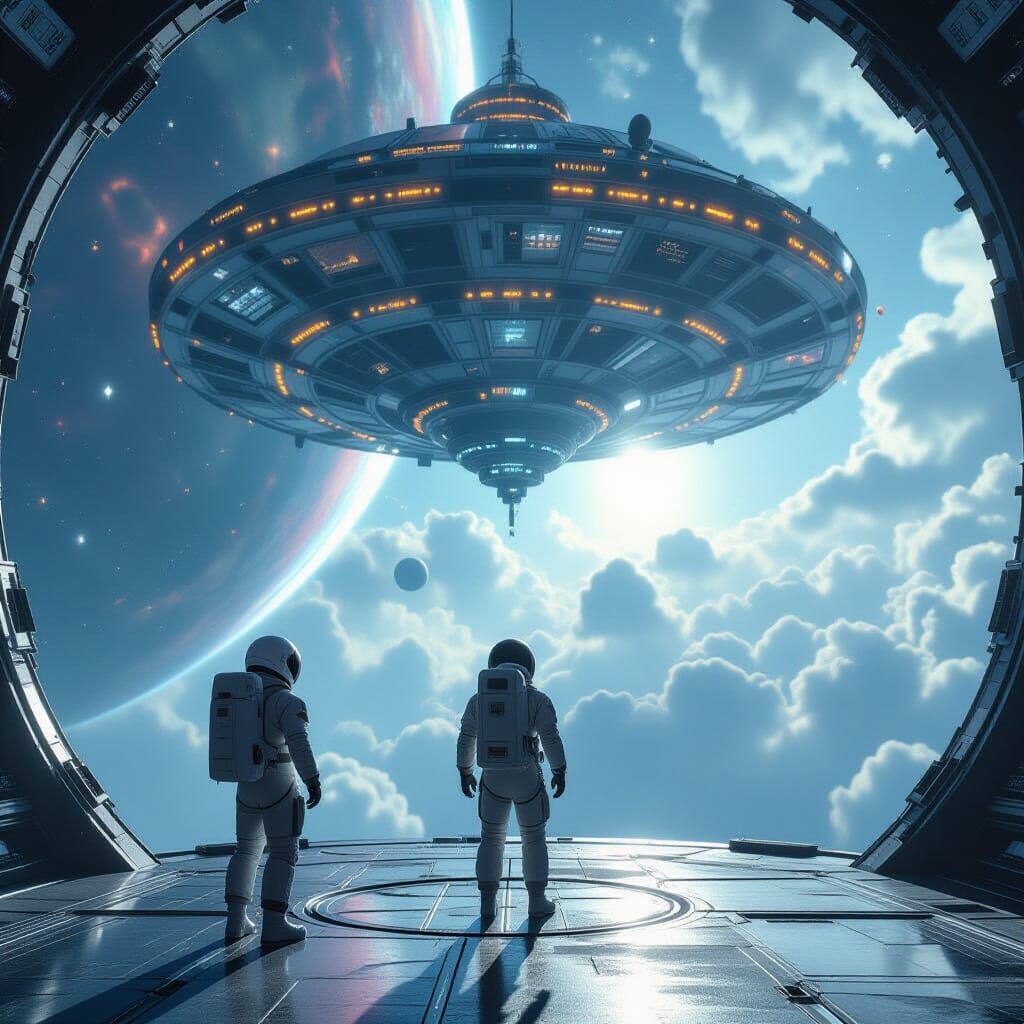 Astronaut Adrift Near Celestial Carousel Space Station