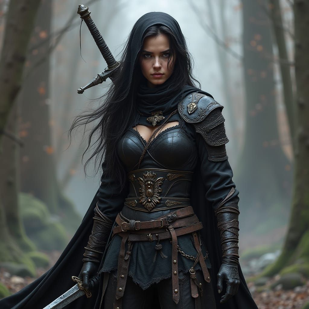 Dark Gothic Female Warrior Wields Dual Swords
