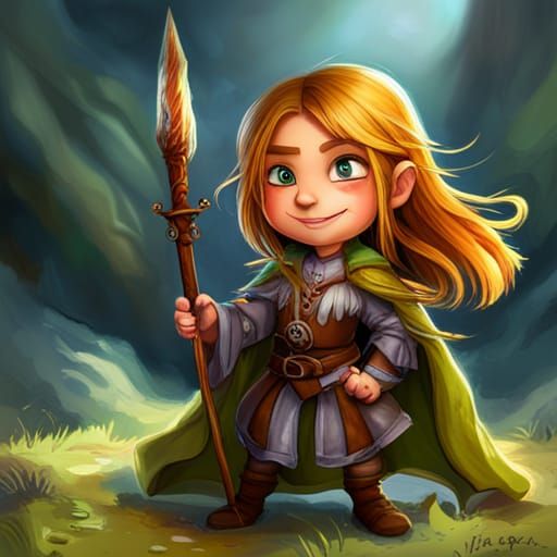 drawing female gnome dungeons and dragons d&d big smile happy, wild light brown hair, wearing a thin leather armour and ...