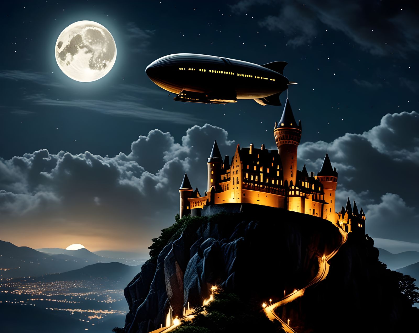 The zeppelin flies over the castle