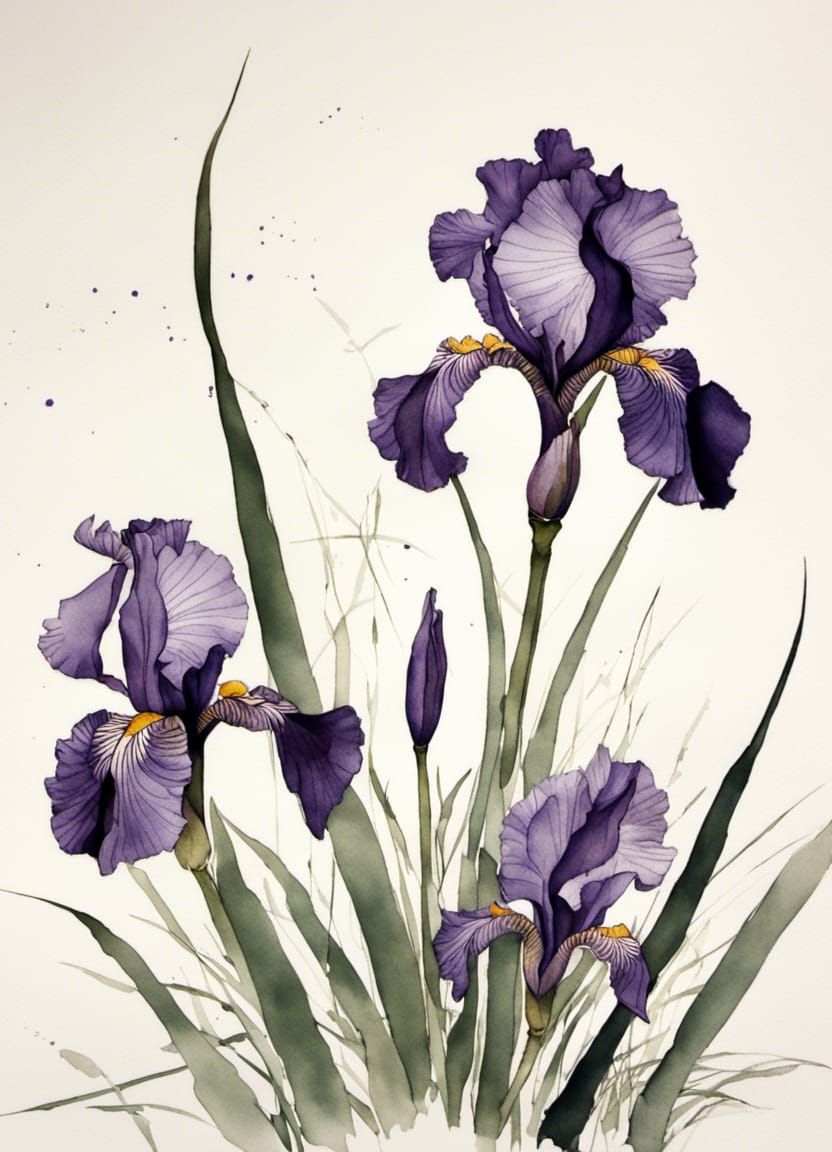 Purple Iris - Ippitsugaki Japanese calligraphy art Line Painting