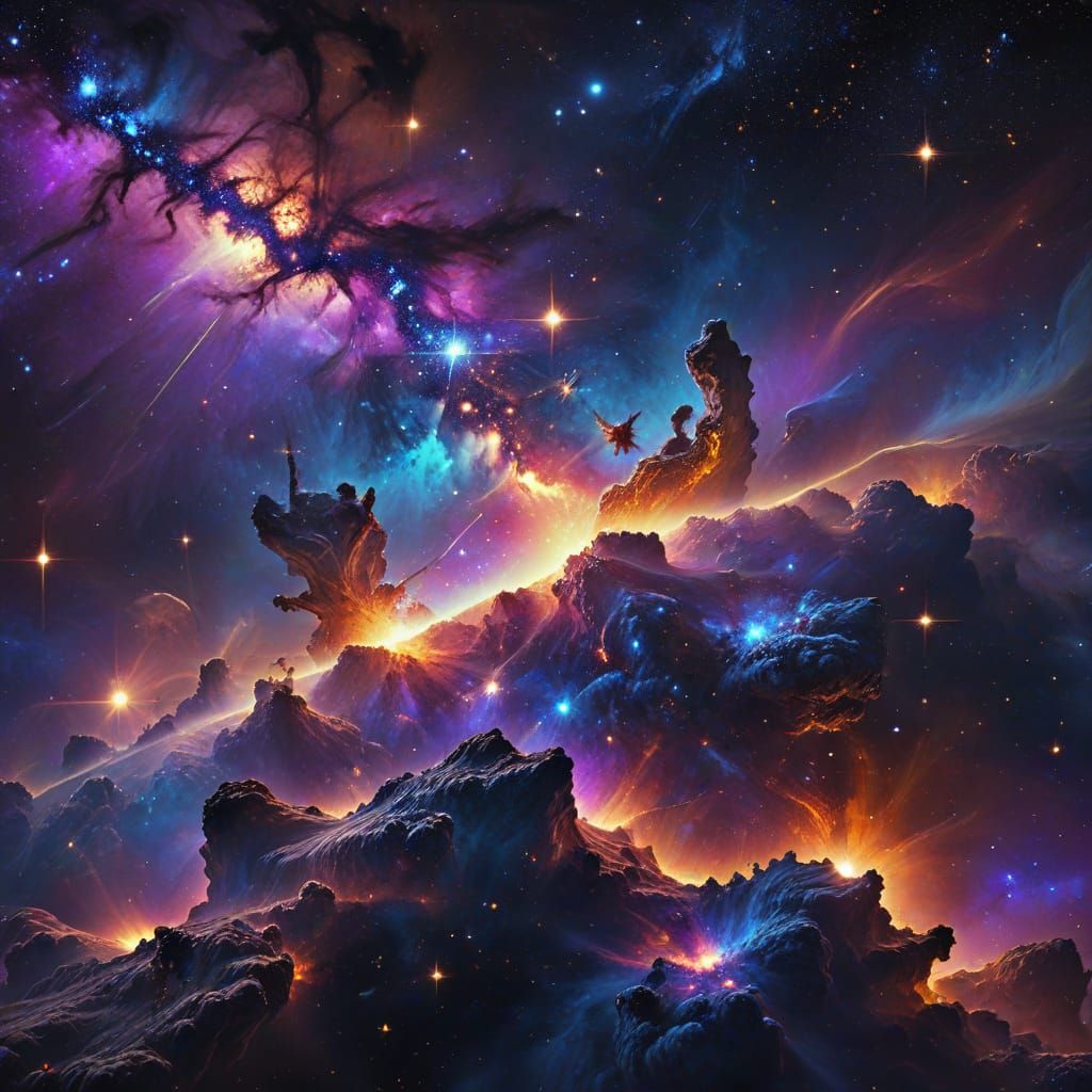 Vibrant Galaxies and Stars in Digital Oil Painting