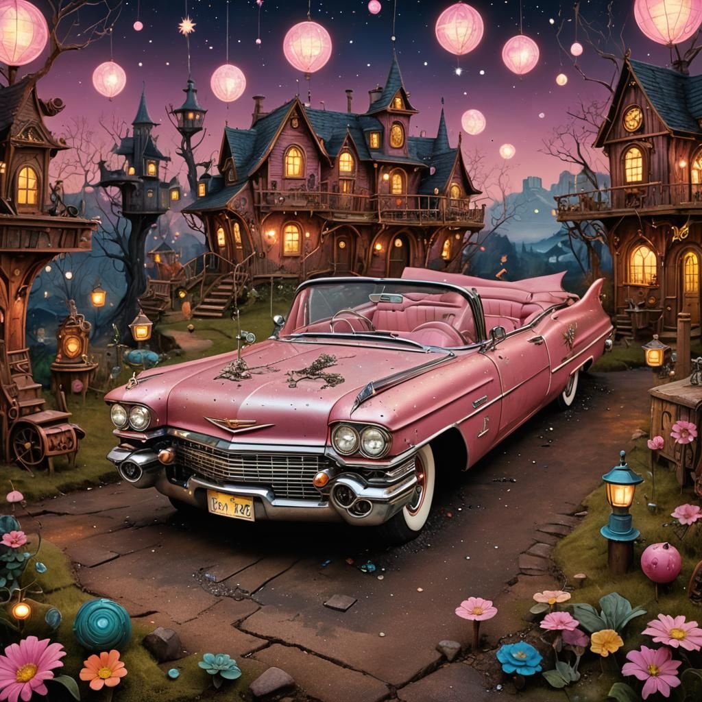 Pink Cadillac in Steampunk Fairy Village Art