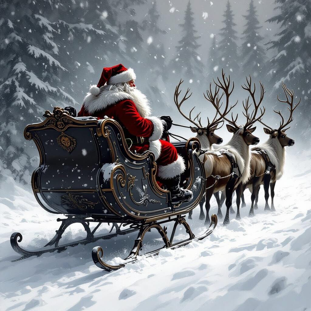 Father Christmas in Gritty Greyscale Sleigh Ride
