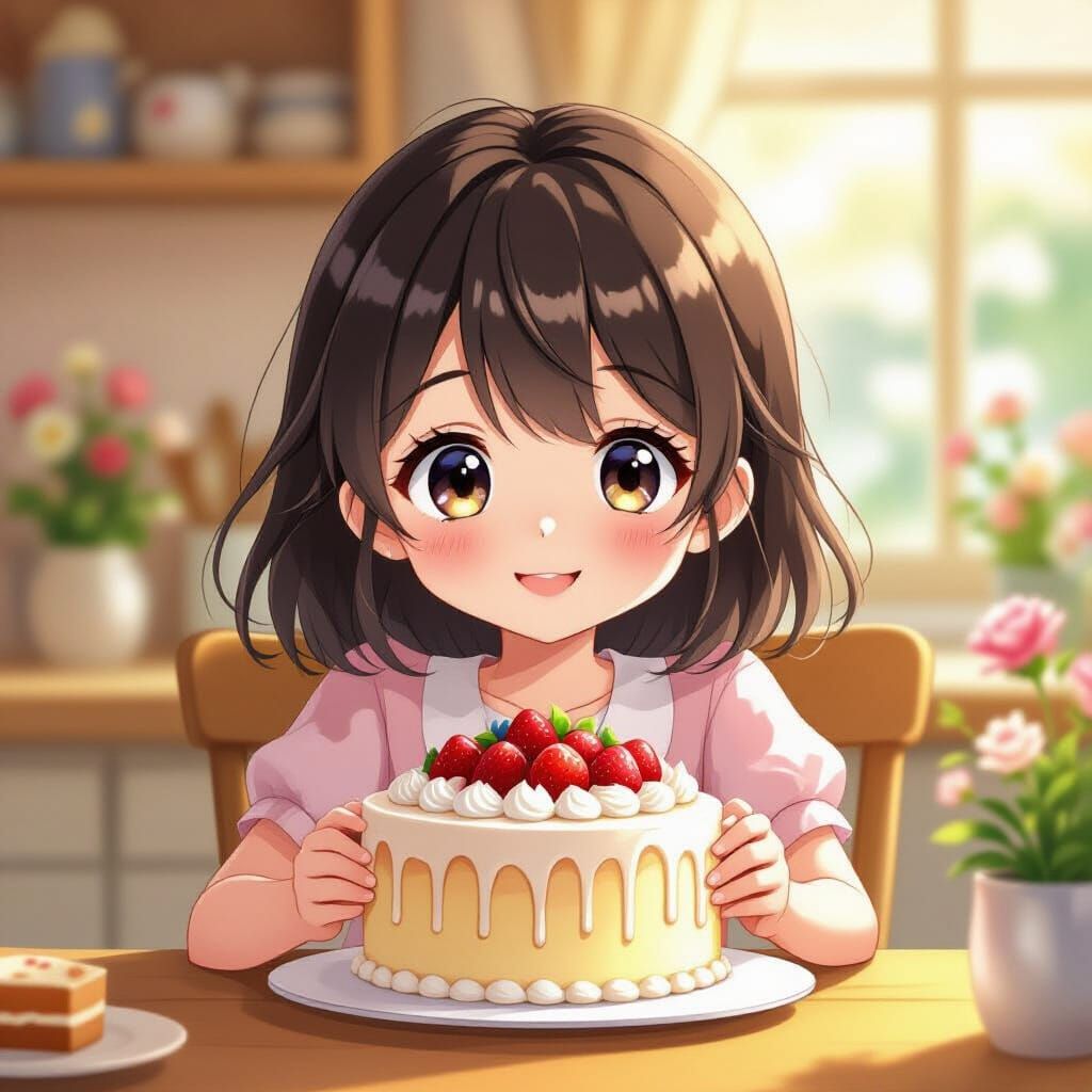 Anime Girl Offers Sweet Cake With Gentle Glow