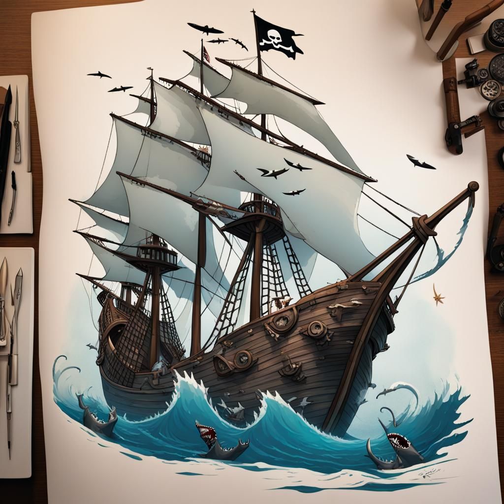 Pirate Ship Surrounded by Sharks: 3D Digital Art