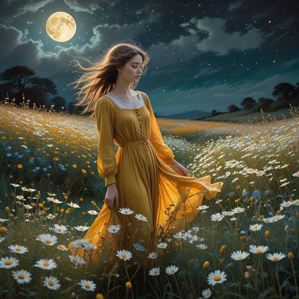 Serene Young Girl in Golden Daisies Field at Sunset